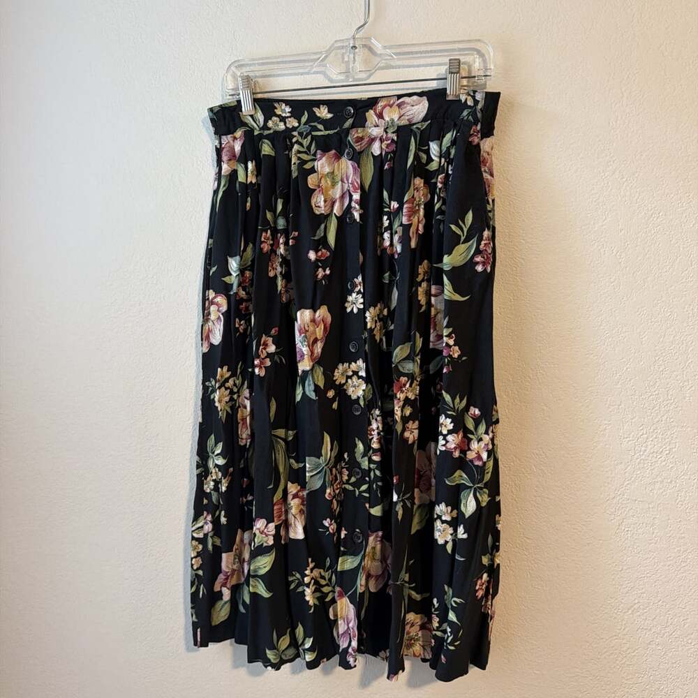 Vintage Capacity Petites Size S Midi Skirt Button Front Black Floral Cottage 90s